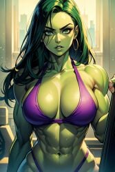 1girls abs ai_generated big_breasts bikini earring female female_only green-skinned_female green_body green_eyes green_hair green_skin hoop_earring huge_breasts hulk_(series) large_breasts long_hair marvel marvel_comics muscles muscular muscular_arms muscular_female she-hulk solo solo_female vitoryt