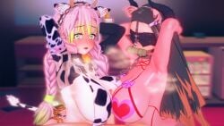 2girls 3d alternate_breast_size armpits bamboo bell big_areola big_breasts black_hair blindfold blush braid breasts cosplay covered_nipples cow_ears cow_girl cow_horns cow_print cow_tail cowbell demon_slayer double_paizuri female female_only green_eyes green_hair hair_ribbon hands_behind_head huge_breasts kamado_nezuko kanroji_mitsuri kimetsu_no_yaiba koikatsu large_areolae large_breasts long_hair massive_breasts mole_under_eye multicolored_hair multiple_girls nipples paizuri pig_costume pig_ears pig_girl pig_nose pink_areola pink_eyes pink_hair pink_nipples rancid red_hair titjob two_tone_hair ugoira voluptuous voluptuous_female