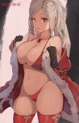 1girls artist_name bikini black_gloves breasts brown_eyes cameltoe christmas english_commentary female fire_emblem fire_emblem_awakening fur-trimmed_robe fur_trim gloves grey_hair groin highres jewelry large_breasts light-skinned_female light_skin long_hair looking_at_viewer mirai_hikari miraihikari navel necklace nintendo open_mouth patreon_username red_bikini red_robe red_thighhighs robe robin_(fire_emblem) robin_(fire_emblem)_(female) santa_bikini skindentation solo stomach swimsuit thighhighs thighs twintails wavy_hair