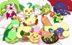 <3_eyes absurd_res after_sex anthro bed bedding bedding_background bellossom blush bodily_fluids budew celebi cherrim closed_eyes cum cum_everywhere cum_in_hair cum_in_pussy cum_inside cum_on_body cum_on_face cum_on_leg cum_pool eeveelution eldegoss elemental_creature female feral flora_fauna furniture genital_fluids genitals gourgeist group hair heart hi_res jumpluff land_forme_shaymin large_group leafeon legendary_pokémon lilligant messy minami_(artist) nintendo on_bed one_eye_closed open_mouth open_smile plant plant_hair pokemon pokemon_(species) pseudo_hair pussy shaymin smile steenee sunshine_form_cherrim uncensored video_games vileplume whimsicott