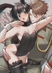 2boys ass ass_grab belt big_dom_small_sub blush couple crossdressing dialogue dominant_male femboy gay girly japanese_text larger_pred male male/male male_only military military_uniform nonesabu officer open_mouth size_difference uniform yaoi yapi