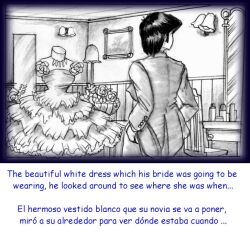 1boy black_and_white black_hair comic english_text groom milda7 short_hair spanish_text suit text translated wedding_dress