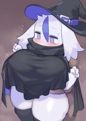 anthro biped blue_eyes blush breasts clothed clothing female fur hat headgear headwear lagomorph leporid mammal nipple_outline rabbit rikose skindentation solo thighhighs white_body white_fur witch_hat