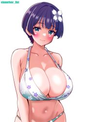 1girls bikini blue_eyes blue_hair blush bob_cut breasts cleavage flower flower_in_hair huge_breasts looking_at_viewer midriff senran_kagura short_hair smile solo stoneriver swimsuit yozakura_(senran_kagura)