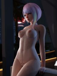 3d casual cyberpunk:_edgerunners cyborg female female_only human lucyna_kushinada malphier medium_breasts multicolored_eyes multicolored_hair navel nude nude_female pale_skin sitting vagina wide_hips