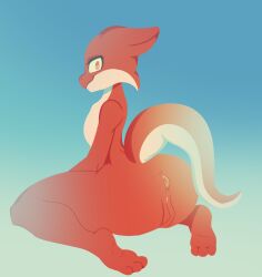 2022 3_toes amorphousblue anthro anus ass big_butt ears_up feet female flat_chest flat_chested genitals hi_res kneeling kobold looking_at_viewer nude orange_eyes pear-shaped_figure pear_shaped pear_shaped_female pussy red_(rmaster) red_body scales scalie shirtless solo suggestive tail tan_body tan_scales toes wide_hips