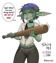 1girls angry angry_face bat black_hair female female_only goblin goblin_female green_skin jeans lola_miller_(roxxxan) oc original_character roxxxan short_hair small_breasts solo tomboy topwear