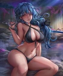 .sheepsin1 1girls beauty_mark belly_button bikini blade blue_hair breasts cleavage earrings female female_only hot_spring huge_breasts indie_virtual_youtuber light-skinned_female light_skin milkievt onsen outdoors sideboob solo swimsuit sword virtual_youtuber water yellow_eyes