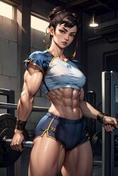 1girls abs ai_generated big_breasts booty_shorts breasts capcom chun-li female female_only large_breasts light_skin midriff muscles muscular muscular_arms muscular_female short_shorts shorts solo solo_female street_fighter thick_thighs vitoryt