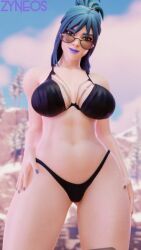 1female bikini black_bikini blue_hair blue_nails eyewear fortnite hope_(fortnite) looking_over_eyewear looking_over_glasses looking_over_sunglasses sunglasses tinted_eyewear white_skin zyneos