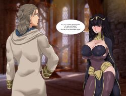 1boy 1girls arms_under_breasts bangs bare_thighs black_hair blue_eyes bodystocking breasts brown_hair cape cleavage covered_navel covered_nipples crossed_arms english_text female fire_emblem fire_emblem_awakening fire_emblem_heroes huge_breasts indoors kajimateria kiran_(fire_emblem) kiran_(fire_emblem)_(male) long_hair male nintendo pelvic_curtain pink_eyes ponytail raised_eyebrow short_hair text tharja_(fire_emblem) thighhighs thighs