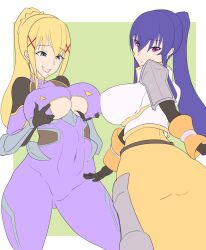 action_taimanin akiyama_rinko akiyama_rinko_(cosplay) blonde_hair bodysuit boobplate breasts cosplay costume_switch covered_nipples darkness_(konosuba) darkness_(konosuba)_(cosplay) gloves grabbing_own_breast highres kono_subarashii_sekai_ni_shukufuku_wo! large_breasts leotard long_hair men_teru open_mouth purple_bodysuit purple_eyes purple_hair taimanin_(series) taimanin_rpgx taimanin_suit taimanin_yukikaze very_long_hair