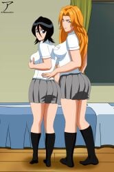 2girls arekusanderu black_hair bleach blue_eyes female female_only grey_skirt kuchiki_rukia legs long_hair long_legs matsumoto_rangiku miniskirt multiple_girls orange_hair school_uniform short_hair skirt uniform