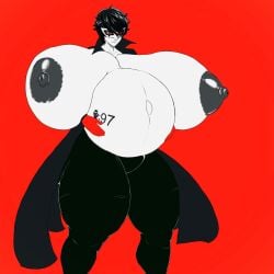 1boy 2d absolute-dima belly big_belly black_hair breasts busty_boy enormous_breasts hand_on_stomach holding_belly huge_belly huge_breasts hyper_breasts joker_(persona) large_breasts monochrome nipples persona persona_5 pregnant red_background red_eyes ren_amamiya short_hair solo thick_thighs