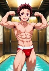 abs ai_generated armpit_hair bathhouse biceps blush demon_slayer earrings flexing_arms gay looking_at_viewer male male_only muscular muscular_male nipples open_mouth pecs red_eyes red_hair smile speedo tanjiro_kamado toned_body toned_male twall97