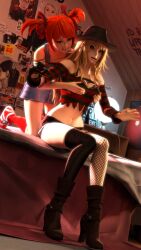 3d bedroom blonde_hair blue_eyes bra child's_play chloe's_bedroom chucky cleavage clothed crossover fishnets flat_chest freddy_krueger grope grope_from_behind high_heels nightmare_on_elm_street red_hair rule_63 shorts sicksim thighhighs