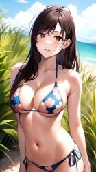 1girls ai_generated ai_mirror beach belly_button blue_bikini blush brown_hair flower_pattern grass long_hair looking_at_viewer medium_breasts red_eyes sea seaside smile white_skin