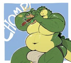 2023 anthro belly big_belly big_bulge big_moobs blue_background blush border bulge burger claws clothed clothing crocodile crocodilian crocodylid dama624 eating english_text food holding_food holding_object jockstrap jockstrap_only love_handles male male_only moobs narrowed_eyes navel onomatopoeia overweight overweight_anthro overweight_male reptile scales scalie simple_background solo sound_effects standing text thick_thighs topless topless_anthro topless_male underwear underwear_only white_border