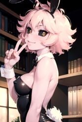 ai_generated aiposter bunny_tail bunnysuit horns library looking_at_viewer medium_breasts mina_ashido my_hero_academia peace_sign pink_hair smile yellow_eyes