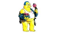 balls belly big_belly blue_hair bottomless bottomless_male chief_wiggum clothed doughnut fat fat_man food gun hair male male_only obese obese_male overweight overweight_male penis peterdamart police shirt solo the_simpsons white_shirt yellow_balls yellow_penis yellow_skin