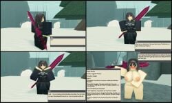 1female 1girls 3d big_breasts blush brown_hair canor_(deepwoken) character_profile comic contractor_(deepwoken) deepwoken dialogue english_text female long_hair maroon_eyes nude_female original_character oversized_weapon pov roblox roblox_background roblox_game short_comic snow tagme_(artist) talking_to_viewer text viewer_pov