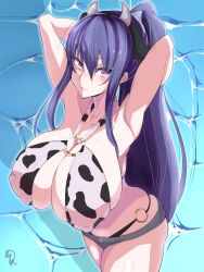 akiyama_rinko animal_ears animal_print armpits arms_behind_head bikini blue_hair blush breasts cleavage covered_nipples cow_ears cow_horns cow_print female highres horns huge_breasts long_hair men_teru micro_shorts nipples o-ring o-ring_bikini ponytail purple_eyes shorts signature smile solo swimsuit taimanin_(series) taimanin_rpgx taimanin_yukikaze very_long_hair water