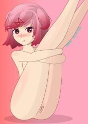 1girls 2020 :t anus artist_name blush blushing doki_doki_literature_club embarrassed embarrassed_naked_female embarrassed_nude_female enf female female_only holding_legs holding_legs_up legs legs_up naked natsuki_(doki_doki_literature_club) nude pink_eyes pink_hair pout pussy solo stredia streydia