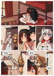 2d 4girls big_breasts black_hair blake_belladonna blonde_hair blue_eyes breasts cat_ears catgirl clothing comic comic_page couple dress english_text faunus female female_only incest khartemis large_breasts long_hair multiple_girls muscular muscular_female on_bed open_mouth page_1 pale_skin purple_eyes red_hair rooster_teeth ruby_rose rwby short_hair siblings sisters team_rwby text text_bubble thick_thighs thighs weiss_schnee wet white_hair yang_xiao_long yellow_eyes yuri