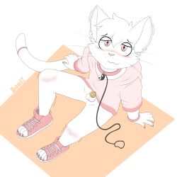 1:1 absurd_res anthro boui chastity_cage chastity_device clothing collar converse_shoes domestic_cat felid feline felis flat_chastity_cage hi_res hoodie leash male mammal pink_clothing pink_hoodie pink_topwear shaking shy solo topwear