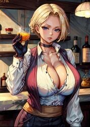 1girls ai_generated alcohol bar big_breasts blonde_hair blue_eyes bra_peek breasts choker cleavage glass gloves holding_glass indoors king_(snk) king_of_fighters large_breasts leather_gloves looking_at_viewer pants short_hair snk stable_diffusion tampopo unbuttoned_shirt vest white_shirt