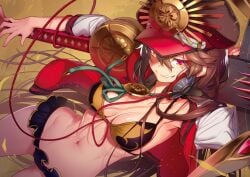 athletic bikini fate/grand_order fate_(series) grin holding_sword large_breasts medium_breasts miniskirt oda_nobunaga_(fate) shiny_skin slender_waist swimsuit sword_on_back