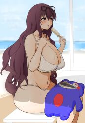 beach bikini breasts cleavage huge_breasts long_hair midriff murasaki_(senran_kagura) navel open_mouth outdoors popsicle popsicle_melting purple_eyes purple_hair sasakura_sasako senran_kagura sitting stuffed_animal sweat swimsuit white_bikini