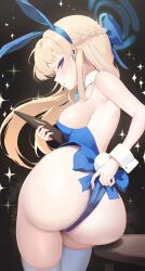 artist_request ass ass_focus blonde_hair blue_archive blue_eyes blush bowtie breasts bunny_ears bunny_tail bunnysuit cleaning_&_clearing_(blue_archive) detached_collar expressionless fake_animal_ears female hand_on_ass huge_ass large_breasts leotard looking_back millennium_science_school_student rear_view sideboob sparkles thick_thighs toki_(blue_archive) toki_(bunny)_(blue_archive) wide_hips wrist_cuffs