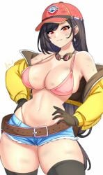 alternate_costume anisdrawn belt bikini_under_clothes black_hair breasts cindy_aurum_(cosplay) clothed dirty female female_only final_fantasy final_fantasy_vii final_fantasy_vii_remake hands_on_hips hat large_breasts long_hair navel open_jacket red_eyes short_shorts skindentation smile solo tagme thick_thighs thighhighs tifa_lockhart