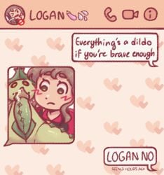 blush brown_hair cacturne chat_box chat_log everything_is_a_dildo_if_you_are_brave_enough hazel_eyes logan(pokemon_player_oc) meme oc pokemon pokemon_(species) precum stare text_message weird_penis