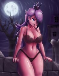 1female alternate_costume black_lingerie blocks breasts crown dark_purple_lips dark_sky female female_only front_view goth goth_girl gothic hair_over_one_eye haunted_house holding human large_breasts lingerie long_hair looking_at_viewer mario_(series) moon moonlight night nintendo outdoors pale-skinned_female princess_rosalina purple_hair saf-404 saf404 saf_404 safartwoks safartworks solo standing super_mario_galaxy thick_thighs video_game_character voluptuous_female