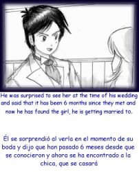 1boy 1girls black_and_white black_hair comic english_text groom long_hair milda7 short_hair spanish_text suit text translated