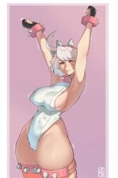 armpits arms_up big_breasts elphelt_valentine guilty_gear guilty_gear_strive guilty_gear_xrd hexprinxess huge_thighs leotard light-skinned_female light_skin nipple_bulge pale-skinned_female pale_skin sideboob solo solo_female solo_focus spiked_bracelet spiked_collar stretching thick_thighs thigh_squish thighhighs thighs white_hair