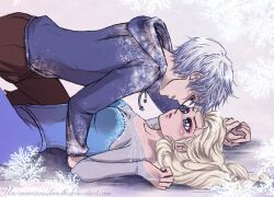 1boy 1girls blue_eyes blush crossover crossover_pairing disney dreamworks elsa elsa_(frozen) face-to-face female frozen_(film) holding_hands jack_frost jack_frost_(rise_of_the_guardians) jelsa looking_at_partner lying_on_back male male/female paramount_pictures pinned_down rise_of_the_guardians silver_hair snowflake straight unconventionalsenshi winter