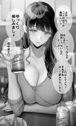 beer beer_can big_breasts cleavage drinking gentsuki japanese_text mature_female milf original original_character tagme translation_request