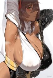 1girls absurdres arched_back armpits arms_up breasts brown_eyes brown_hair closed_mouth commentary covered_nipples dark-skinned_female dark_skin female from_side fur_collar goddess_of_victory:_nikke gradient_background grey_background hair_between_eyes hair_ornament highres huge_breasts japanese_clothes leaning_forward long_sleeves looking_at_viewer micchan_(micchanmeido) no_bra noir_(black_rabbit)_(nikke) noir_(nikke) obi official_alternate_costume profile raised_eyebrow sash sideboob solo steaming_body sweat twitter_username upper_body white_background