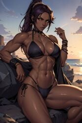 1girls abs ai_generated big_breasts bikini bleach breasts dark-skinned_female dark_skin female female_only large_breasts muscles muscular muscular_arms muscular_female purple_hair shihouin_yoruichi solo solo_female swimsuit thick_thighs vitoryt