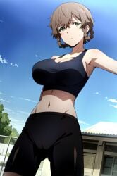 1girls ai_generated amane_suzuha armpits athletic_female belly_button bike_shorts black_bike_shorts black_shorts braided_hair brown_hair female fluffy_hair fully_clothed green_eyes large_breasts midriff outdoors sfw solo sports_bra steins;gate_0 tight_clothing workout_clothes