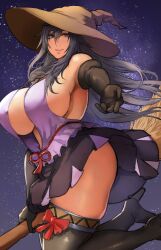 1girls 2018 armpits bare_shoulders black_gloves blue_eyes blue_hair breasts broom broom_riding cleavage clothing elbow_gloves female female_only flying gloves hair_between_eyes halloween halloween_costume hat high_heels highres huge_breasts long_hair looking_at_viewer matching_hair/eyes mature_female miniskirt night no_bra no_panties original outdoors pepe_(jonasan) purple_shirt reaching_out revealing_clothes ruuko-san shirt sideboob sitting skindentation skirt sky smile solo star starry_sky thick_thighs thighhighs thighs witch witch_hat zettai_ryouiki