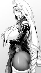 1girls amano_don ass black_bodysuit blush bodysuit braid breasts cross earrings garter_straps goddess_of_victory:_nikke greyscale hi_res huge_breasts monochrome nun praying rapunzel_(nikke) side_view solo solo_female thick_thighs thighhighs veil very_long_hair