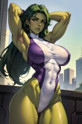 1girls abs ai_generated armpits arms_behind_head big_breasts cameltoe female female_only green-skinned_female green_body green_eyes green_hair green_skin highleg_leotard huge_breasts hulk_(series) jennifer_walters large_breasts leotard long_hair marvel marvel_comics muscles muscular muscular_arms muscular_female onesie she-hulk solo solo_female thick_thighs vitoryt