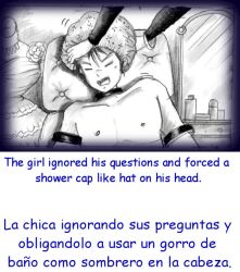 1boy black_and_white black_hair comic english_text female groom long_hair machine milda7 naked short_hair shower_cap spanish_text suit text tied translated