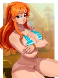 ass big_breasts bottomless breasts casual casual_nudity clothing cyan_bikini female female_only nami nami_(one_piece) no_panties one_piece orange_hair post-timeskip pussy tovio_rogers