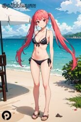 ai_generated ayasaki_remi bare_shoulders beach beach_umbrella bikini black_bikini blue_sky breasts cleavage closed_mouth cloud collarbone day female front-tie_top full_body halterneck hori-san_to_miyamura-kun horimiya long_hair looking_at_viewer medium_breasts navel ocean outdoors pikkiwynn pink_hair red_eyes sandals side-tie_bikini_bottom sky smile solo standing stomach string_bikini swimsuit twintails umbrella very_long_hair