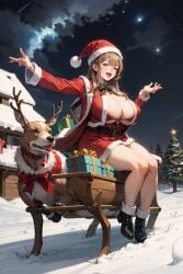 1girls ai_generated animal bangs bell belt bikini black_footwear blush boots bow bowtie box breasts brown_hair canine christmas christmas_outfit christmas_tree cleavage cloud collar dress fur_trim gift gift_box hat high_heels huge_breasts jacket large_breasts long_hair long_sleeves looking_at_viewer night night_sky open_clothes open_mouth outdoors red_bikini red_dress red_headwear reindeer santa_bikini santa_costume santa_hat shooting_star sitting sky smile snow solo stable_diffusion star_(sky) starry_sky swimsuit teeth thighs tree